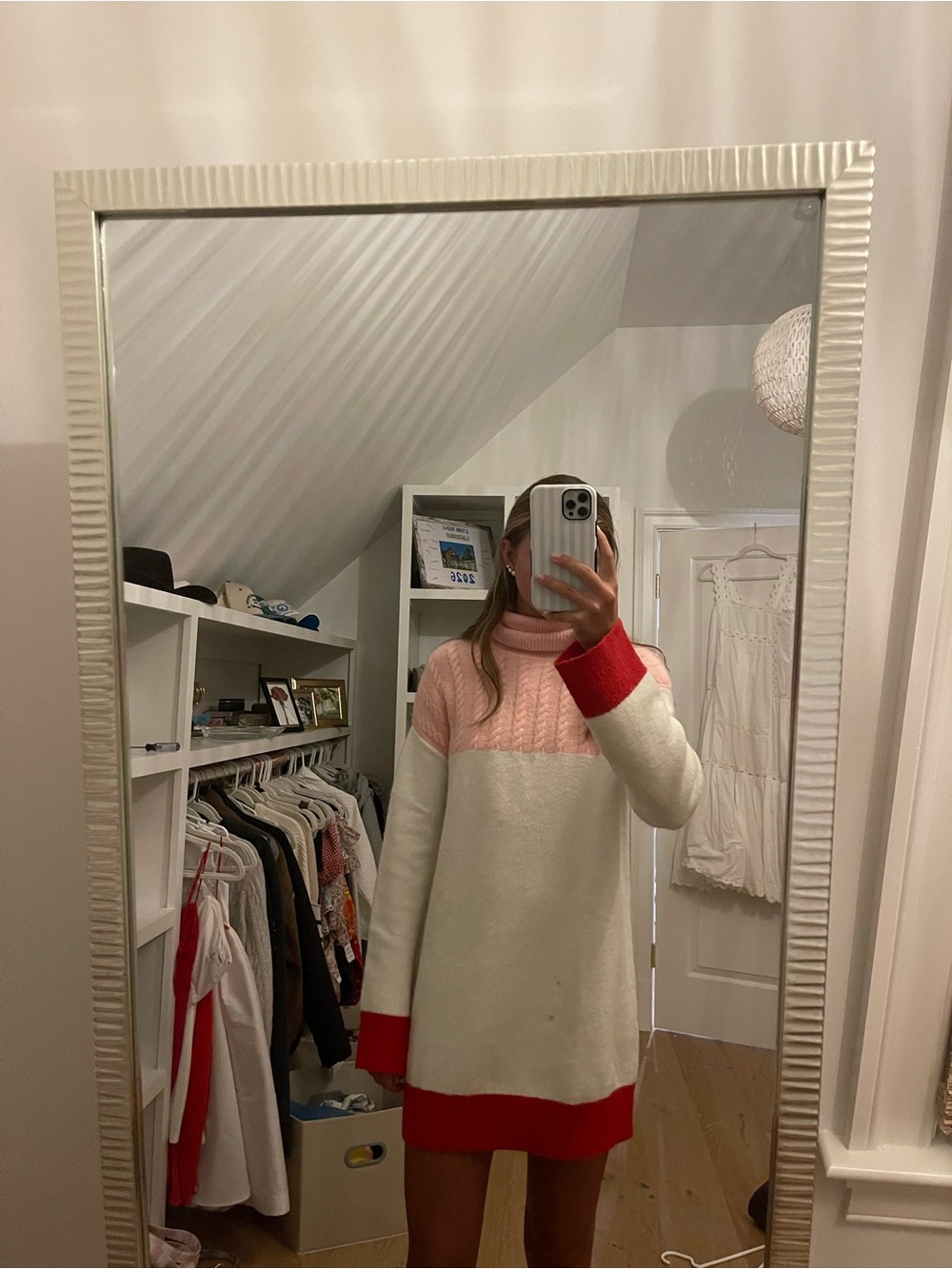 REVOLVE Pink, Cream & Red Colorblock Turtleneck Sweater Dress